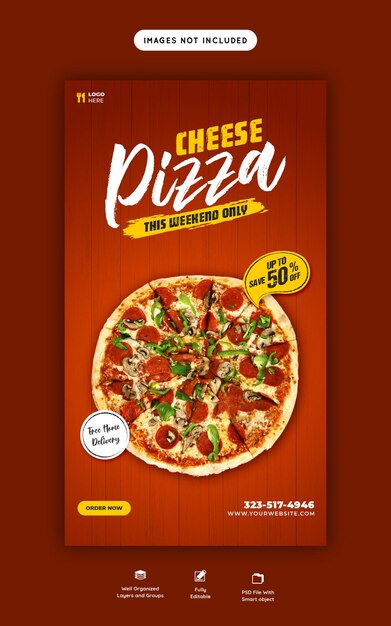 Меню еды и шаблон истории пиццы с сыром
