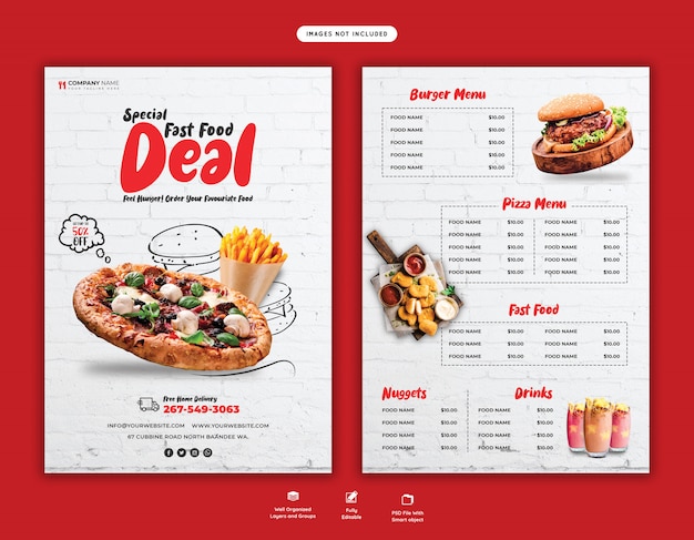 Food menu and delicious pizza flyer template