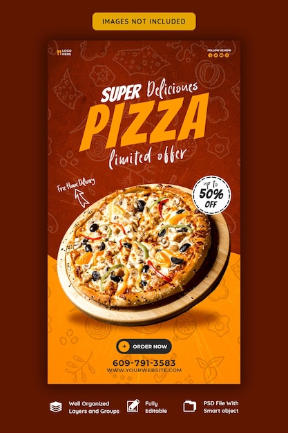 Food menu and delicious pizza Instagram and Facebook story template