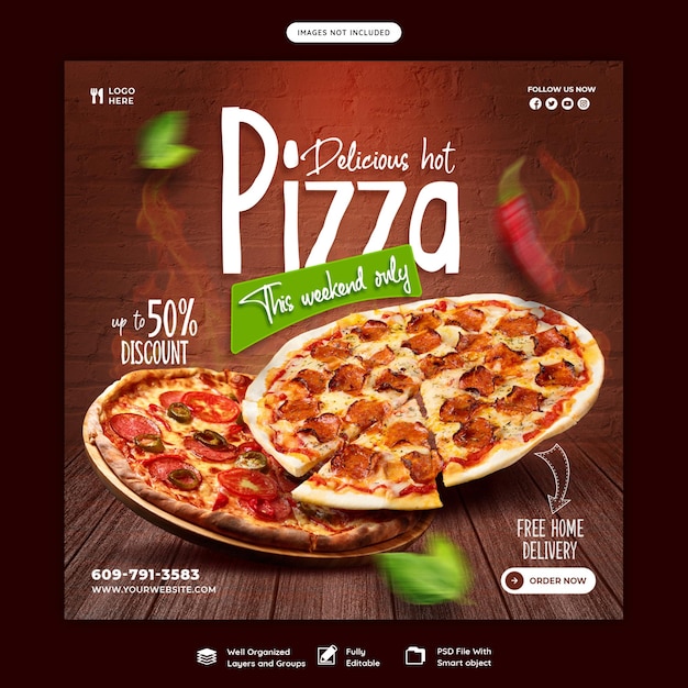 PSD gratuito menu dell'alimento e modello dell'insegna di media sociali della pizza deliziosa