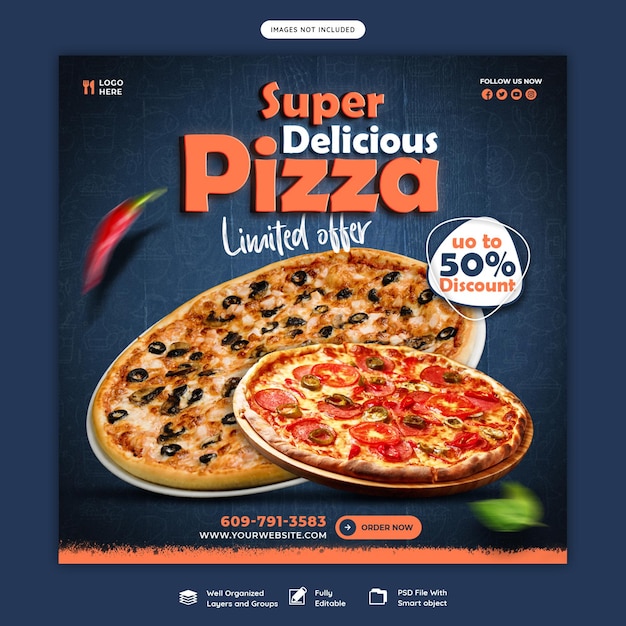 PSD gratuito menu dell'alimento e modello dell'insegna di media sociali della pizza deliziosa