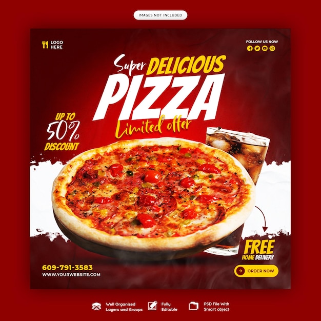 PSD gratuito menu dell'alimento e modello dell'insegna di media sociali della pizza deliziosa