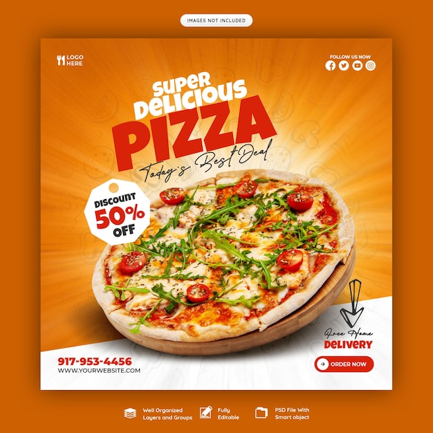 Food menu and delicious pizza social media banner template