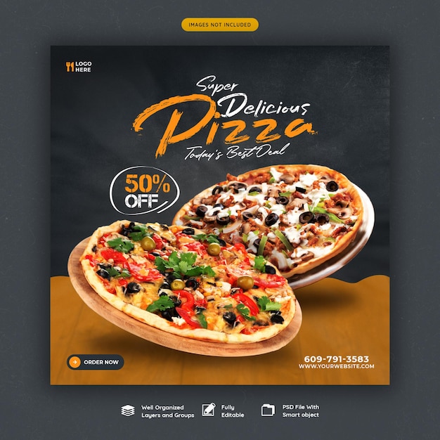 Menu di cibo e deliziosa pizza modello di banner di social media