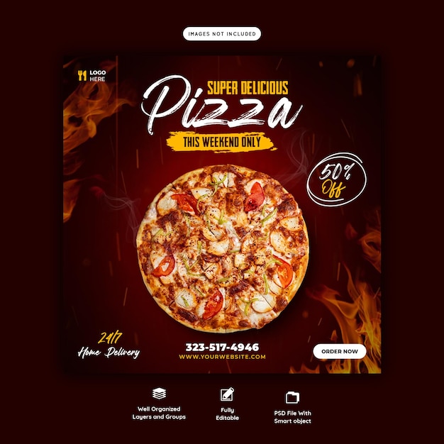 Food menu and delicious pizza social media banner template