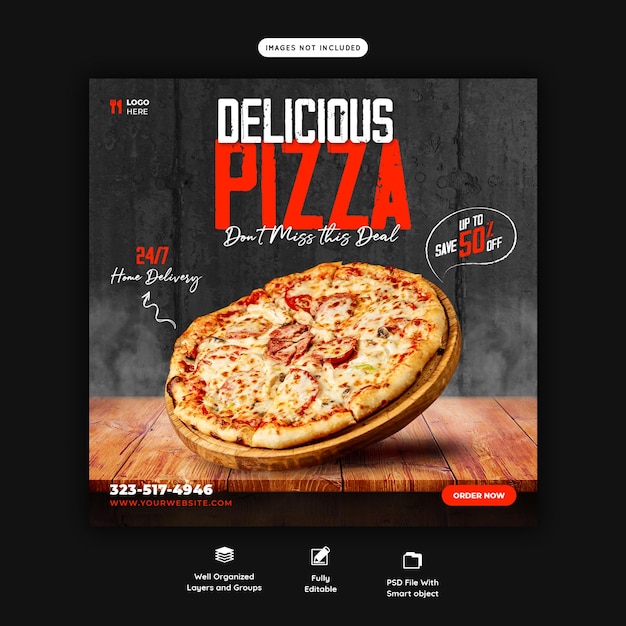 PSD gratuito menu di cibo e modello di banner per social media pizza deliziosa