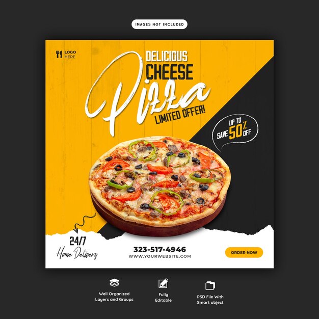 Меню еды и вкусная пицца шаблон баннера в социальных сетях