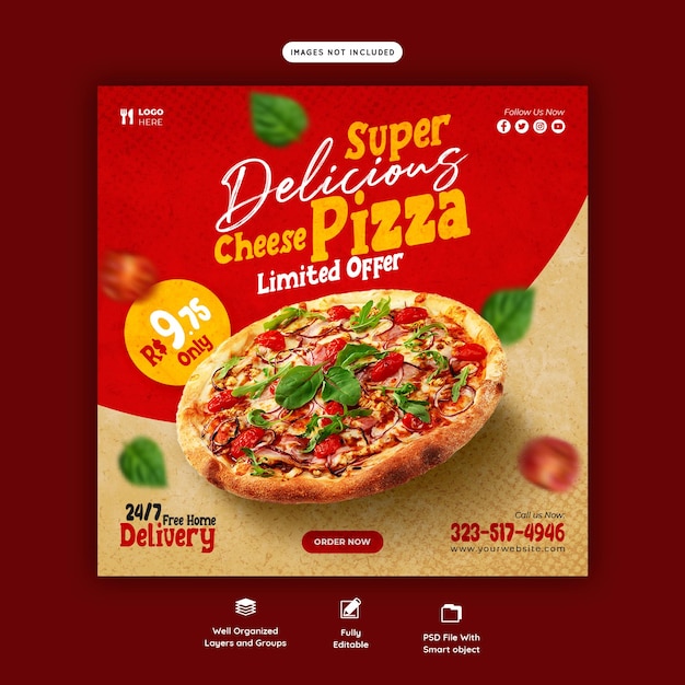 PSD gratuito menu dell'alimento e modello dell'insegna di media sociali della pizza deliziosa