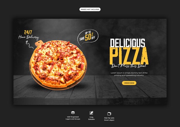 Food menu and delicious pizza web banner template