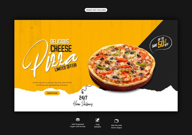 음식 메뉴와 맛있는 피자 웹 배너 템플릿