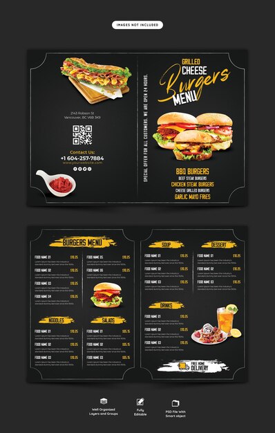 Food menu and restaurant bifold brochure template
