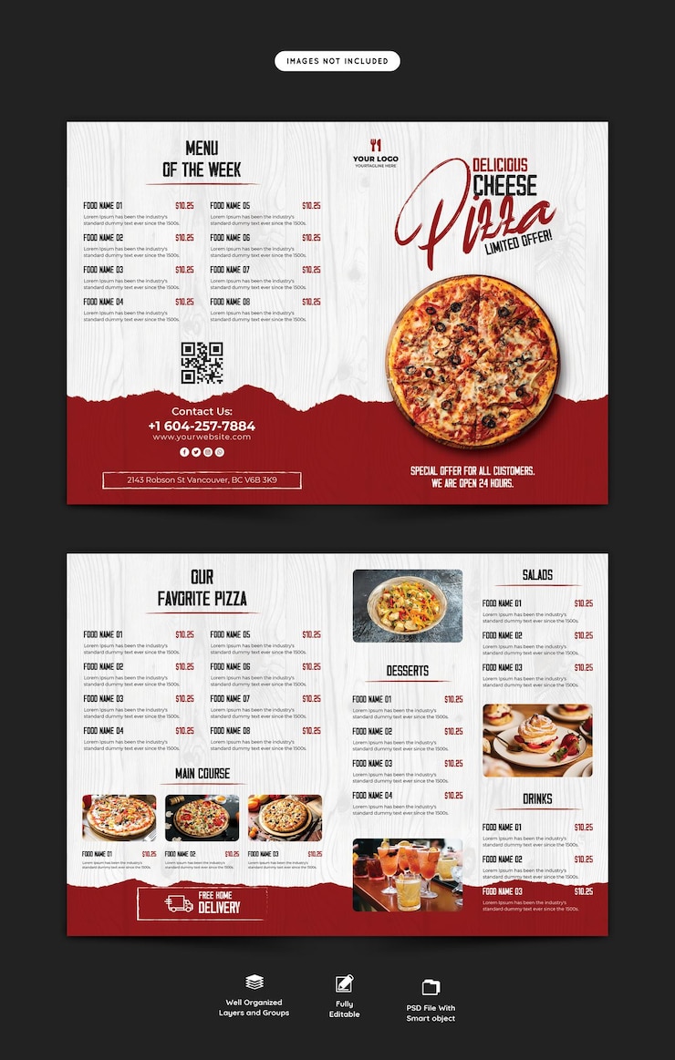 Free PSD food menu and restaurant bifold brochure template