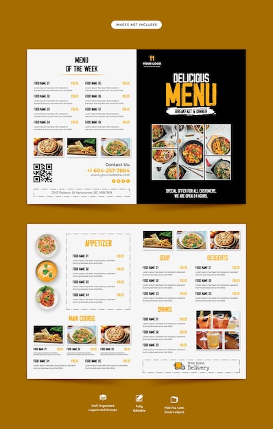 Food menu and restaurant bifold brochure template