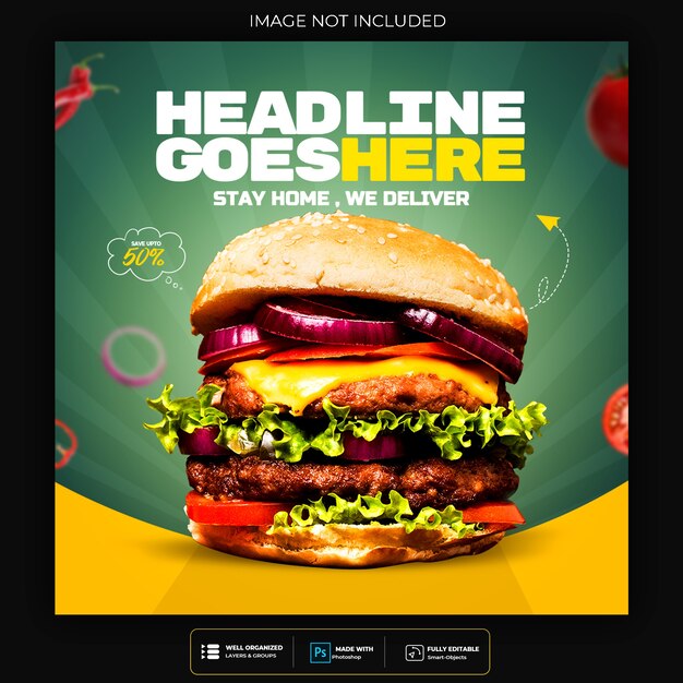 Шаблон сообщения в социальных сетях о меню еды и ресторане Burger