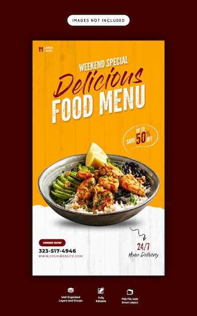 PSD gratuito menu di cibo e ristorante modello di storia di instagram e facebook