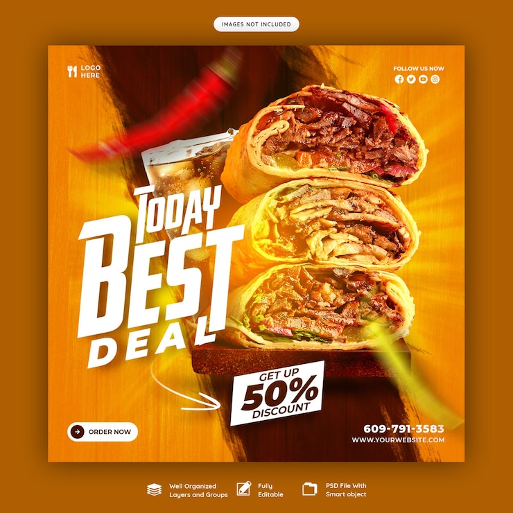 Free PSD food menu and restaurant social media banner or instagram post template