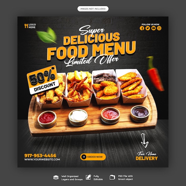 PSD gratuito menu di cibo e ristorante modello di banner di social media