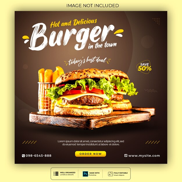 Food social media post template for restaurant fastfood burger