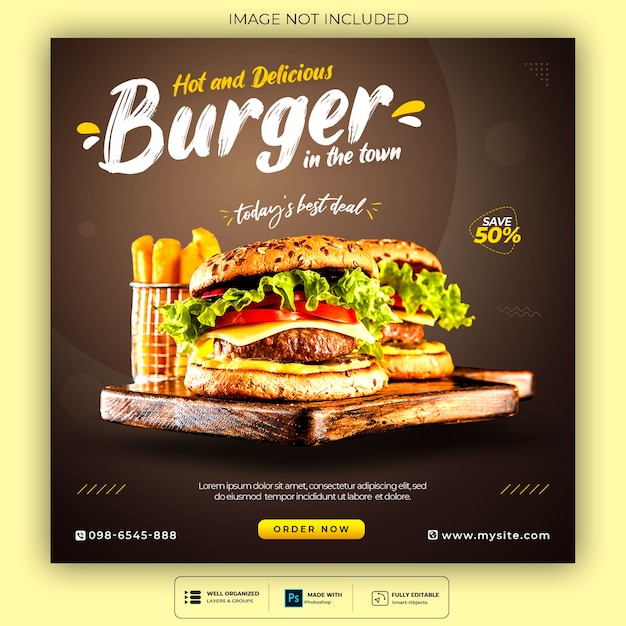 レストランファーストフードハンバーガーの食品ソーシャルメディア投稿テンプレート