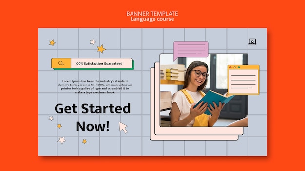 Free PSD foreign language classes horizontal banner template in computer interface style