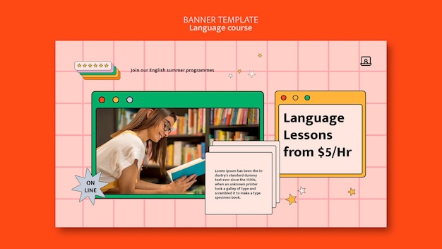 Шаблон горизонтального баннера уроков иностранного языка в стиле компьютерного интерфейса