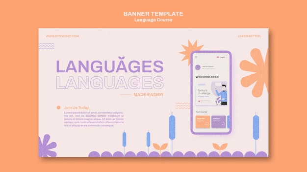 Бесплатный PSD Шаблон горизонтального баннера для уроков иностранных языков в цветочном стиле