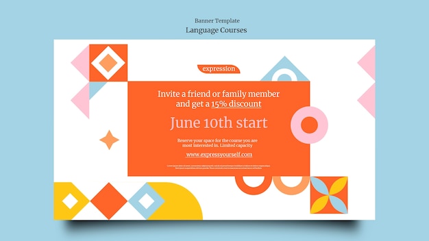 Foreign language classes horizontal banner template with geometric shapes