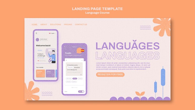 Free PSD foreign language classes landing page template in floral style