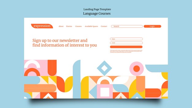 foreign language classes landing page template with geometric shapes