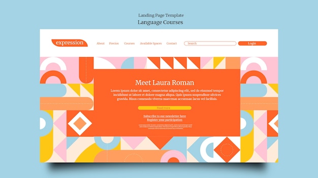 Free PSD foreign language classes landing page template with geometric shapes