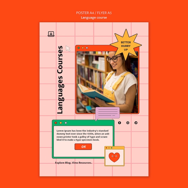 foreign language classes vertical poster template in computer interface style