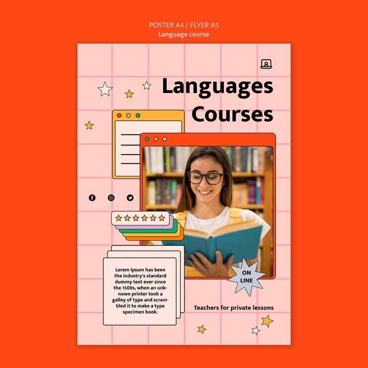 Free PSD foreign language classes vertical poster template in computer interface style
