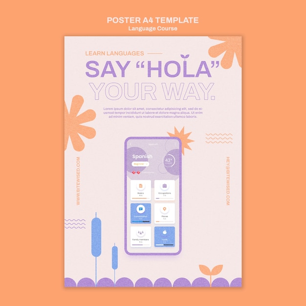 무료 PSD 꽃 스타일의 외국어 수업 세로 포스터 템플릿