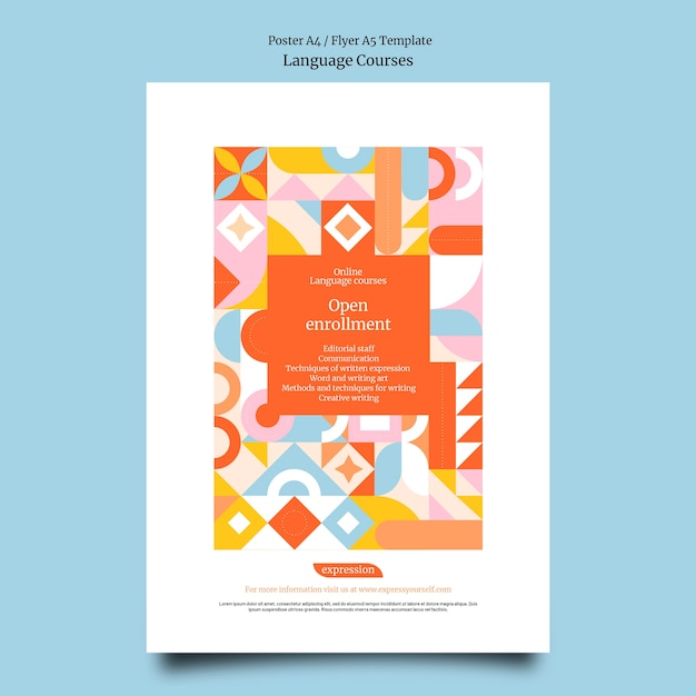 foreign language classes vertical poster template with geometric shapes
