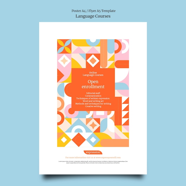 Free PSD foreign language classes vertical poster template with geometric shapes