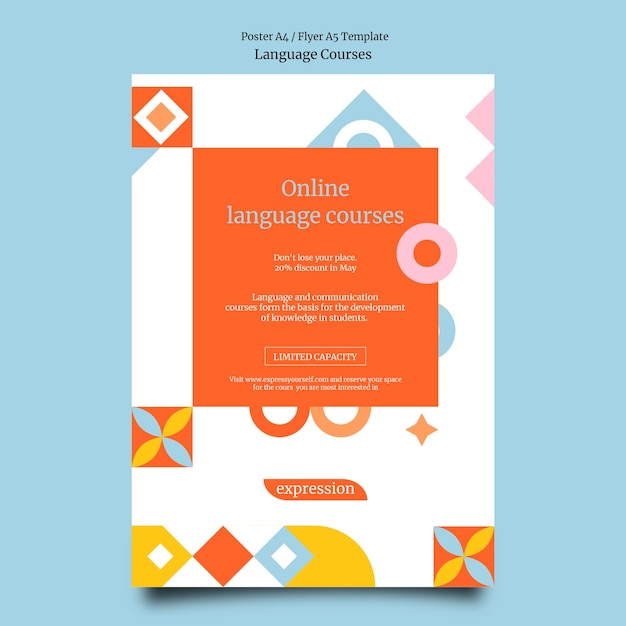foreign language classes vertical poster template with geometric shapes