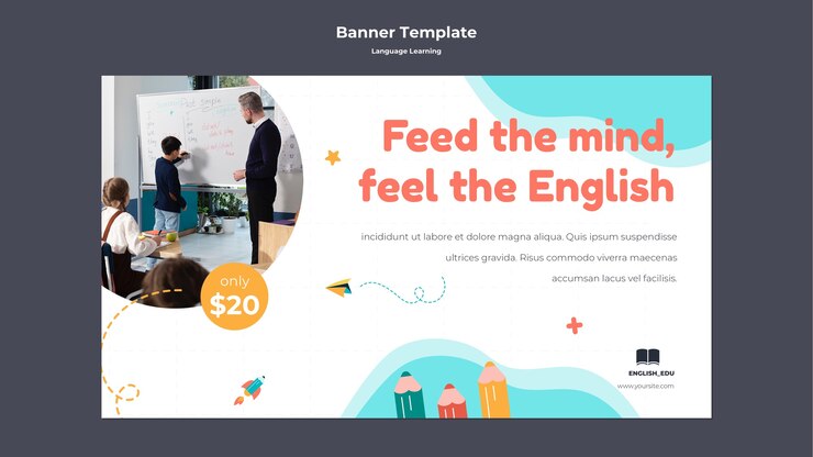 Free PSD foreign language lessons horizontal banner template