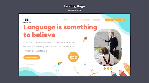 Foreign language lessons landing page template
