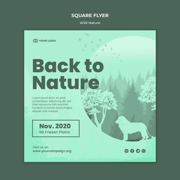 Free PSD forest and lion wild nature square flyer