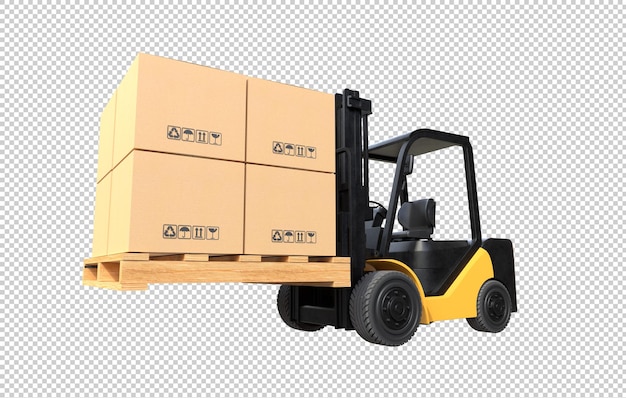 The forklift truck is lifting a pallet with cardboard boxes on transparent background