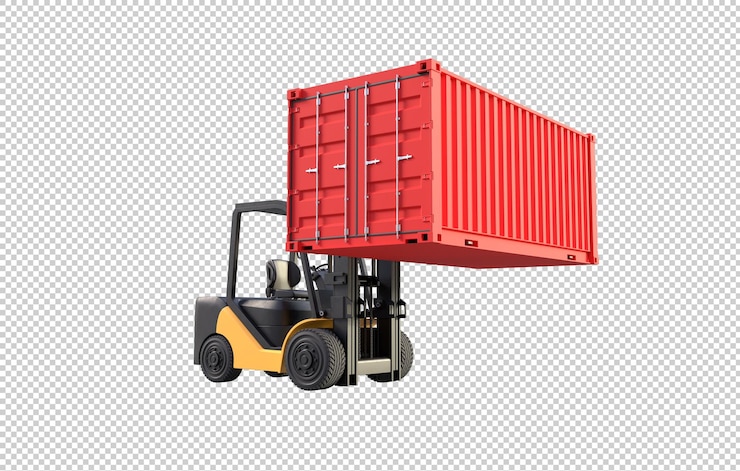Free PSD forklift truck lifting container on transparent background
