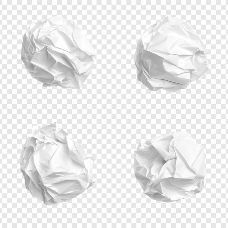 Free PSD four crumpled paper balls on transparent background