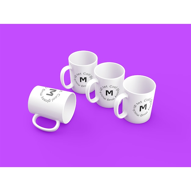 Get Four Mugs on Purple Background Mock Up – Free PSD Template