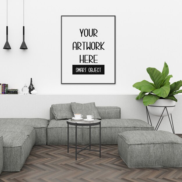 Download Premium Psd Interior Modern Living Room With Yellow Sofa And Frames Mockup PSD Mockup Templates