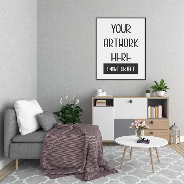 Download Premium Psd Interior Modern Living Room With Yellow Sofa And Frames Mockup PSD Mockup Templates