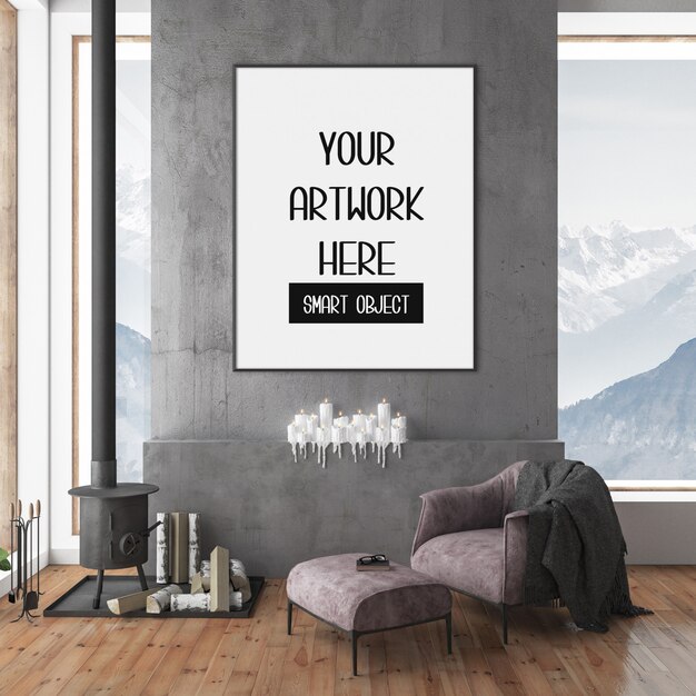 Download Premium Psd Interior Modern Living Room With Yellow Sofa And Frames Mockup PSD Mockup Templates