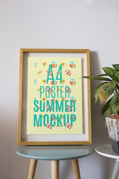 Frame Mockup on Table with Plant: Beautiful PSD Template for Summer