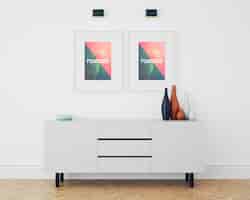 Free PSD frames on white chest of drawers mock up