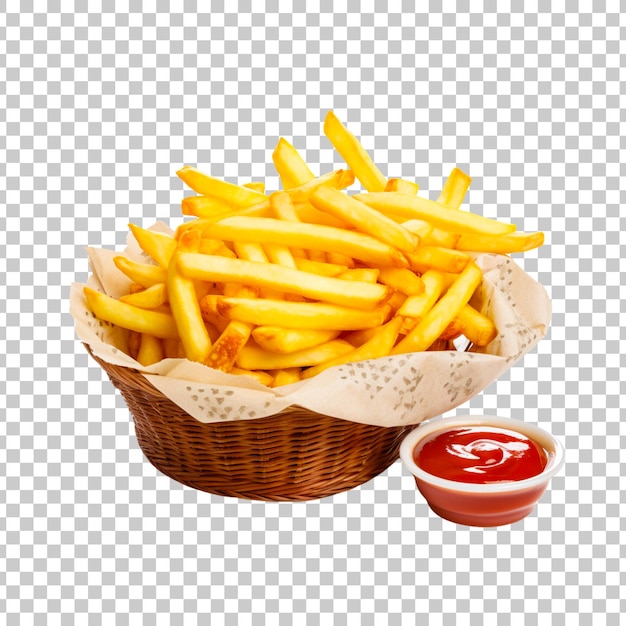 Картофель фри с соусом на круглой корзине на прозрачном фоне