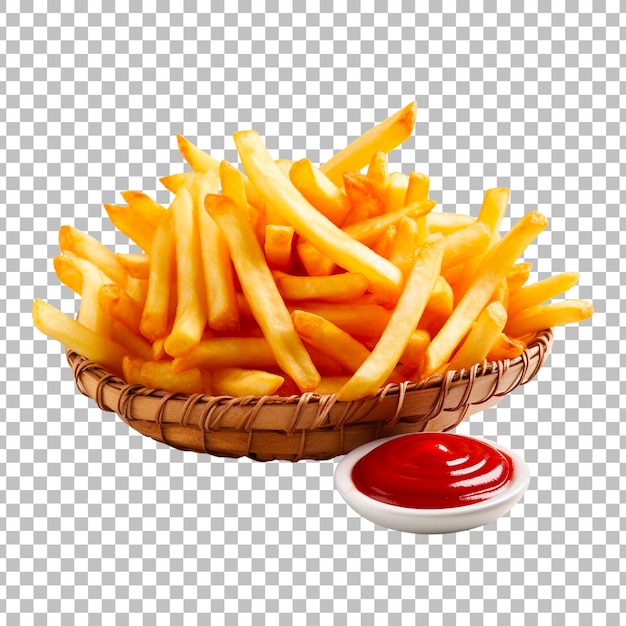 French fries with sauce on a round basket on a transparent background